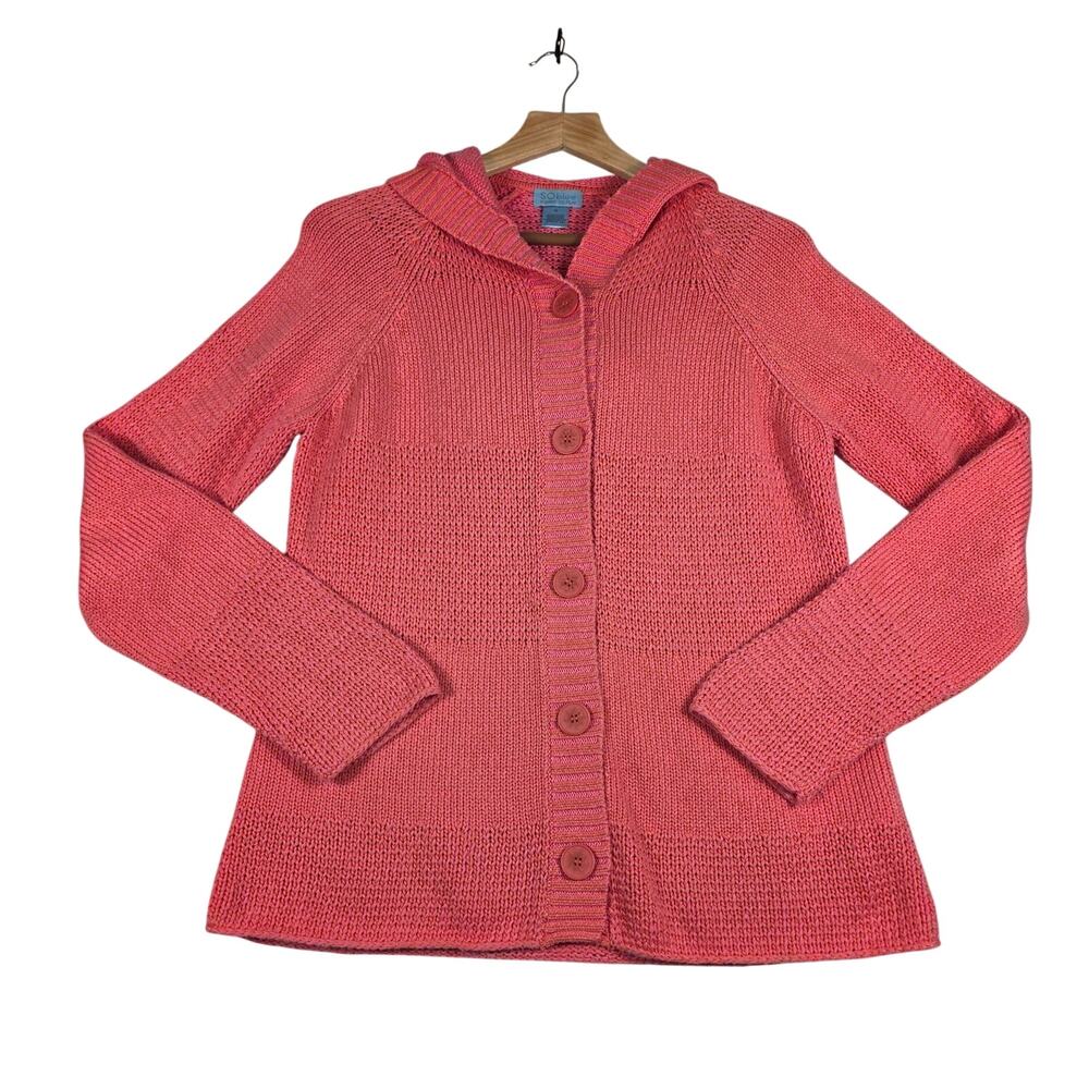 Sigrid Olsen 100% Cotton Coral Hooded Knit Cardigan Sweater